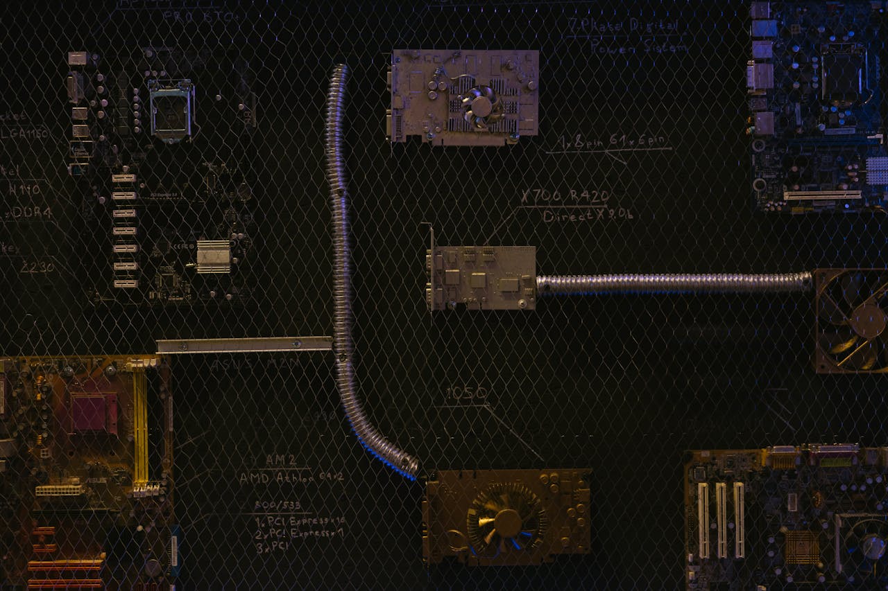 Artistic arrangement of circuit boards and cables symbolizes modern technology.